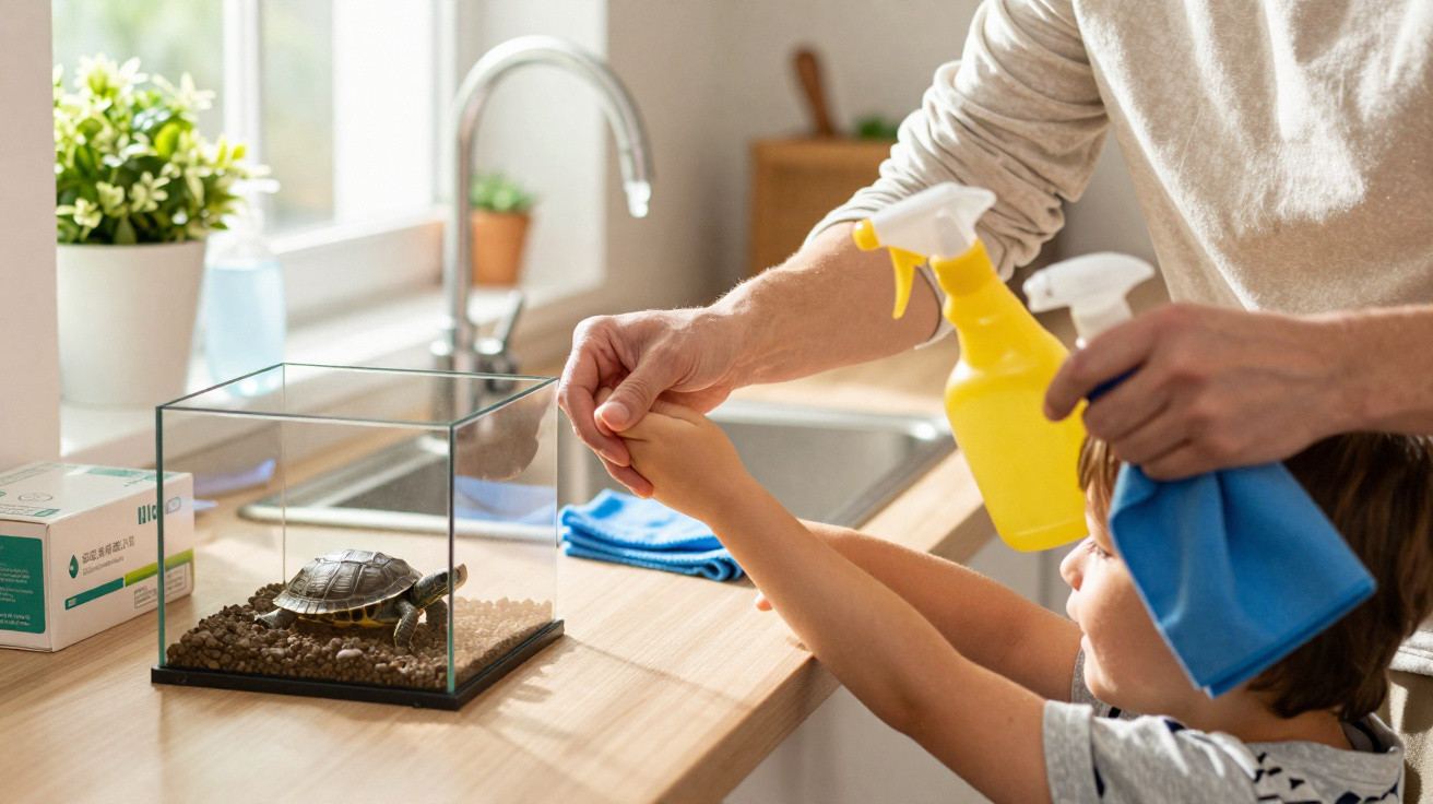 Criança observa tartaruga num aquário enquanto adulto segura spray e pano de limpeza na cozinha.