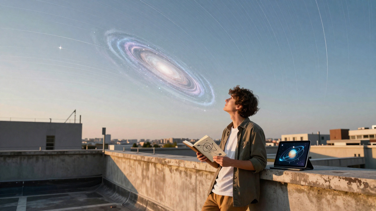 Jovem observa uma galáxia holográfica no céu enquanto segura um livro com desenhos de planetas numa cobertura urbana.