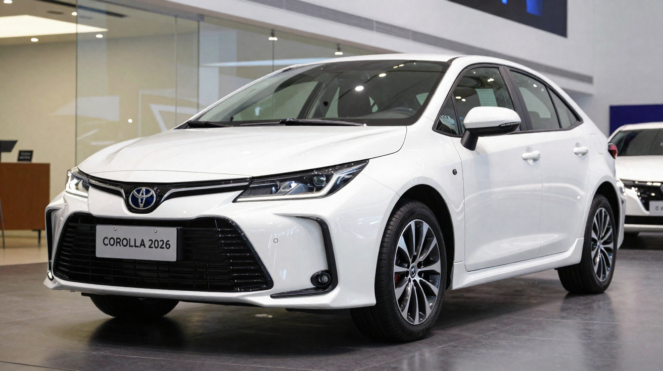 Carro Toyota Corolla 2026 branco exibido numa sala de exposição moderna com iluminação brilhante.