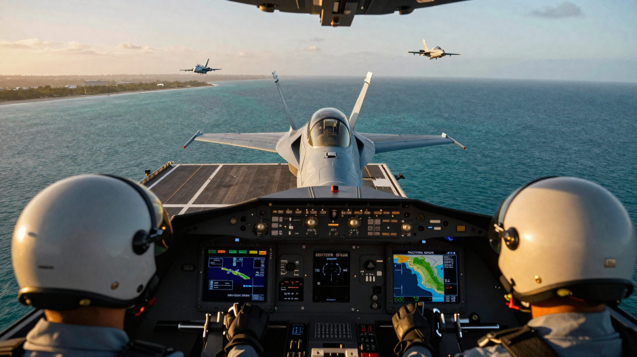 Dois pilotos num cockpit de avião a operar numa plataforma de lançamento com vários caças F-18 no ar sobre o mar.