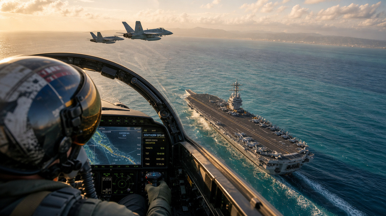Piloto de caça a sobrevoar porta-aviões no mar com três aviões militares a voar em formação ao pôr do sol.