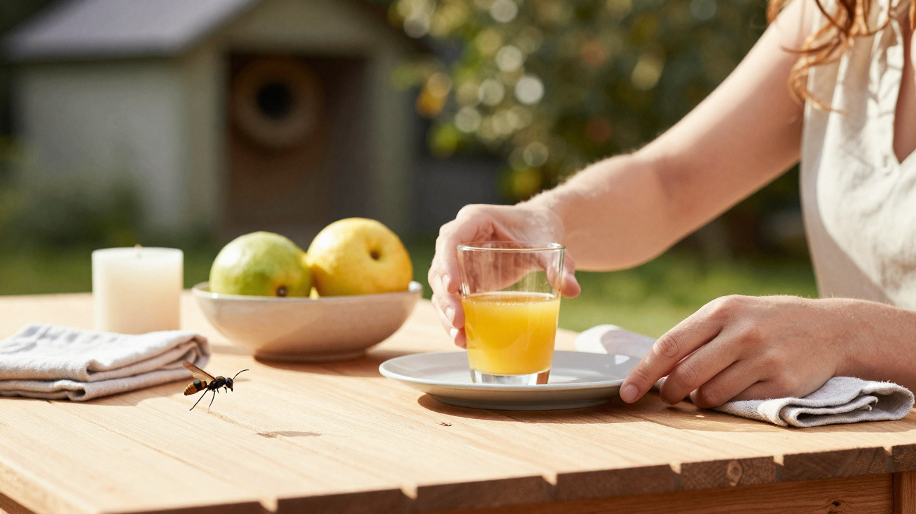 Pessoa a segurar copo de sumo de laranja numa mesa de madeira com fruta e vespa a aproximar-se.