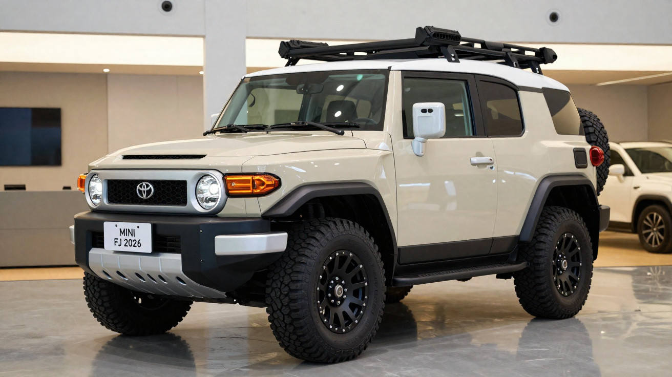 Toyota FJ Cruiser bege estacionado em showroom com suporte de bagagem no tejadilho e pneus todo terreno.