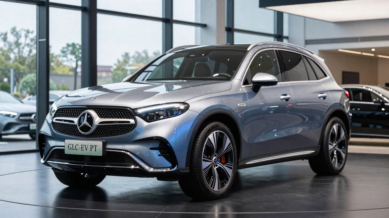 Carro elétrico Mercedes-Benz GLC EV cinza num showroom moderno com grandes janelas de vidro.
