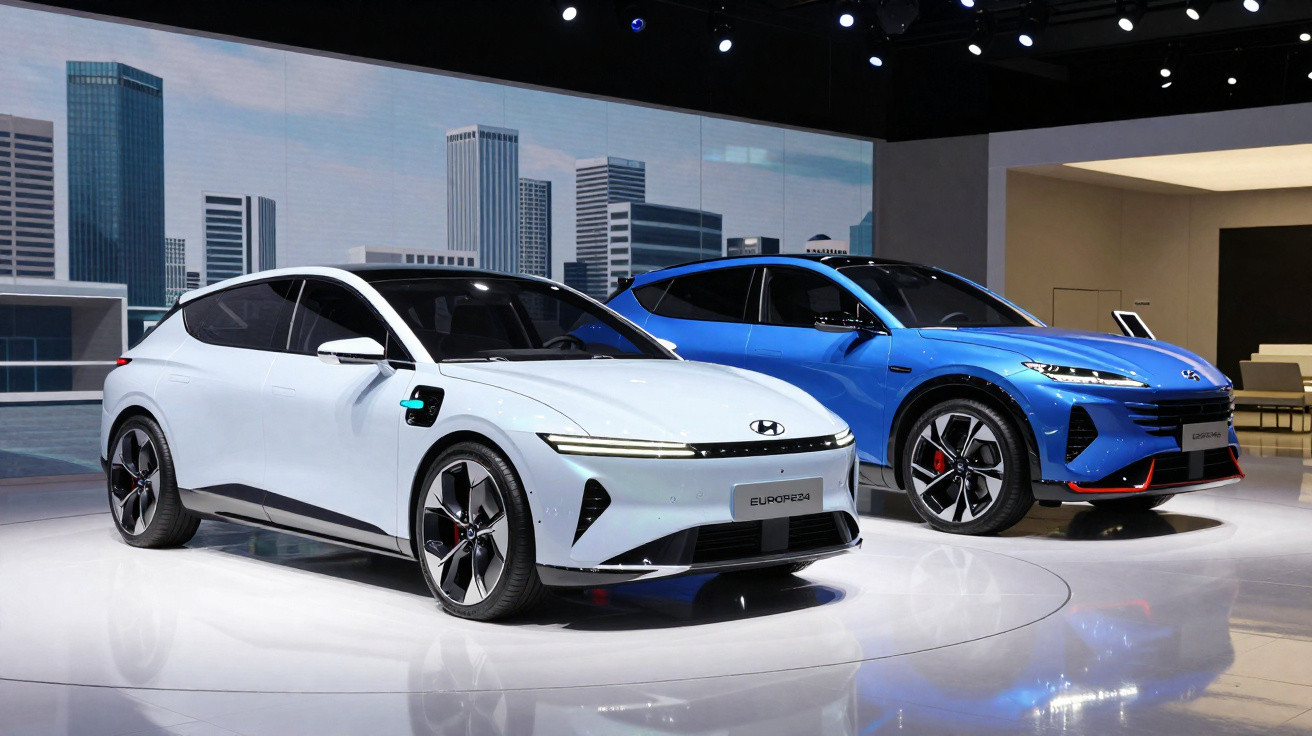 Dois carros elétricos Hyundai Ioniq 6 branco e Hyundai Ioniq 5 azul exibidos numa exposição moderna.