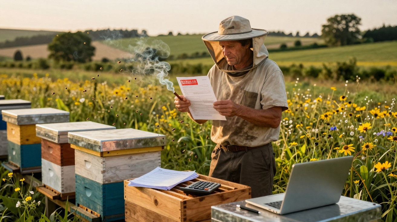 Apicultor com roupa de proteção a ler documento perto de colmeias num campo florido ao entardecer.