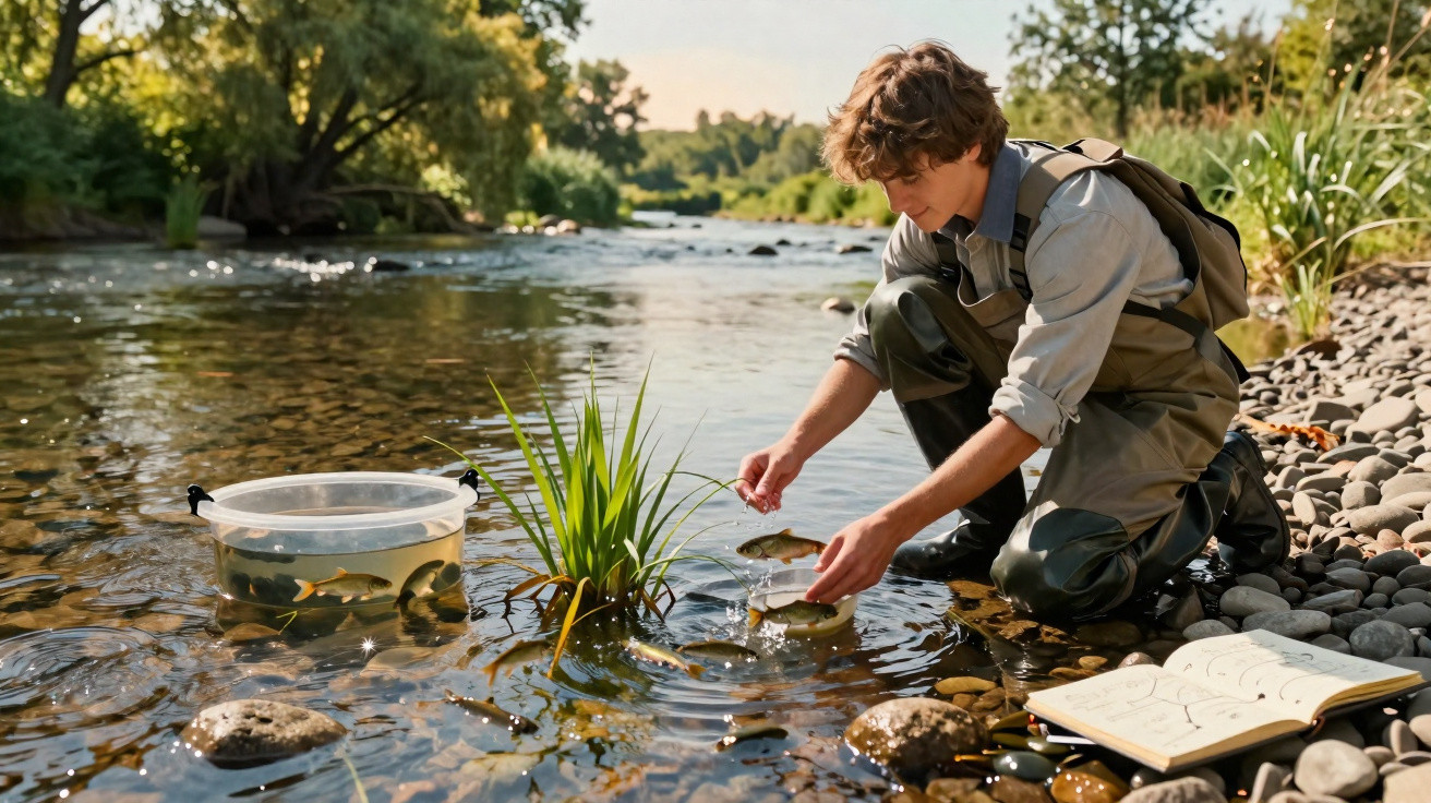Jovem em fato de pesca recolhe amostra de água e peixes numa ria pouco profunda junto a plantas e caderno aberto.