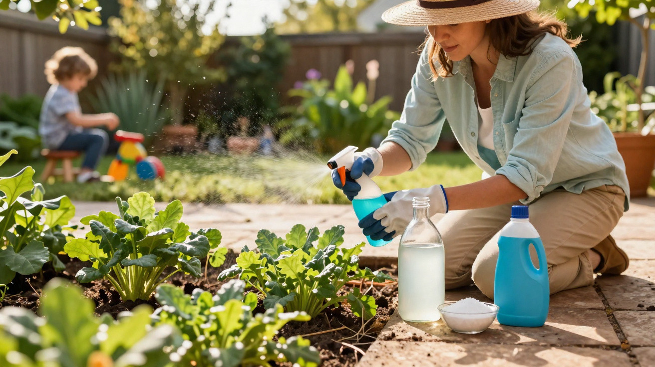 Mulher com chapéu rega plantas numa horta, enquanto uma criança brinca ao fundo num jardim ensolarado.