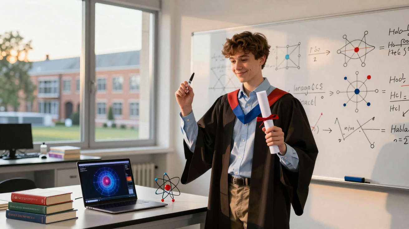 Estudante com bata de formatura segura diploma e marcador, em sala com quadro e laptop com gráficos científicos.