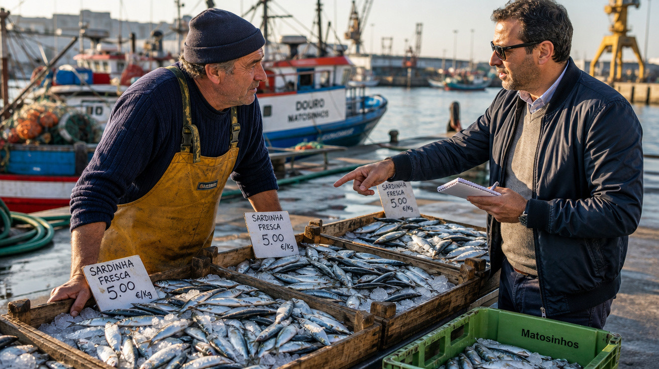 Homem a comprar sardinhas frescas a 5€/kg junto a um porto de pesca em Matosinhos.