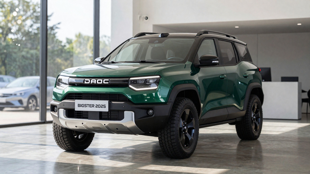 SUV verde DAOC Bigster 2025 em exposição dentro de showroom moderno e iluminado.