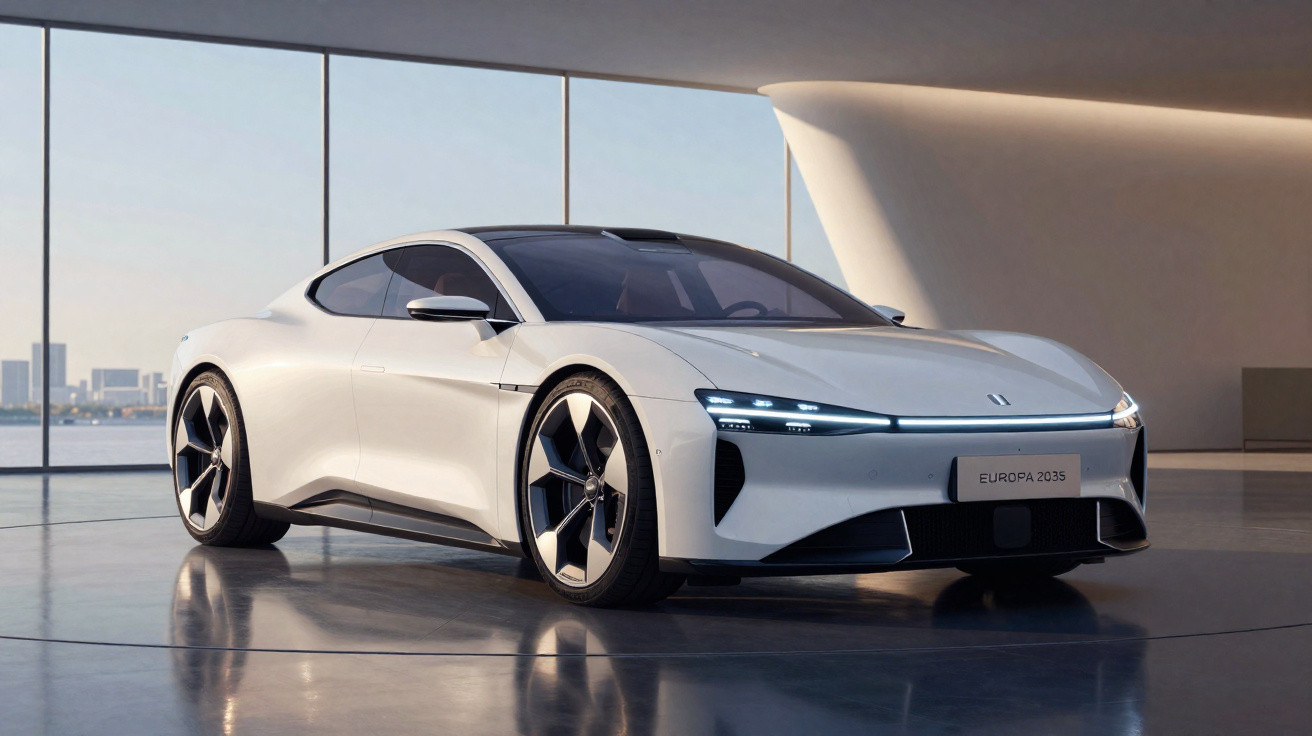 Automóvel elétrico branco Europa 2035 com design futurista, luzes LED e jantes aerodinâmicas, em espaço interior moderno.