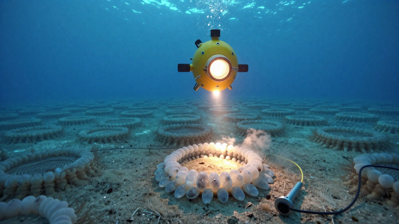 Veículo subaquático amarelo com luz iluminando uma estrutura circular no fundo do mar.