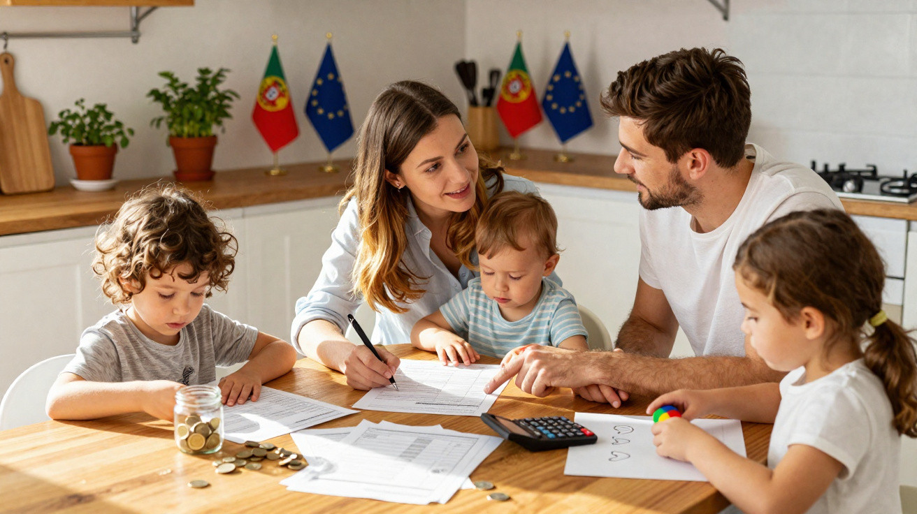 Família com dois adultos e três crianças a fazer contas e gerir dinheiro numa cozinha com bandeiras de Portugal e Europa ao f