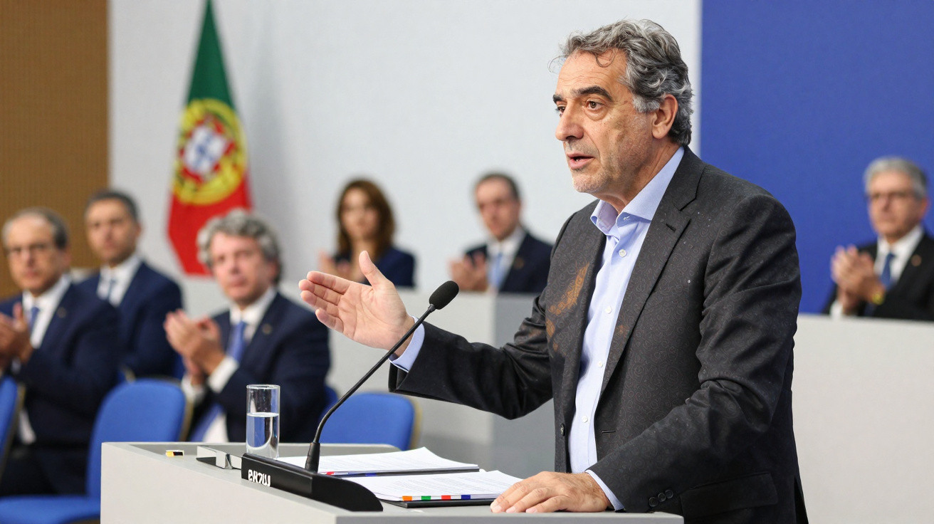 Homem a discursar num púlpito com microfone, pessoas a aplaudir ao fundo e bandeira de Portugal.