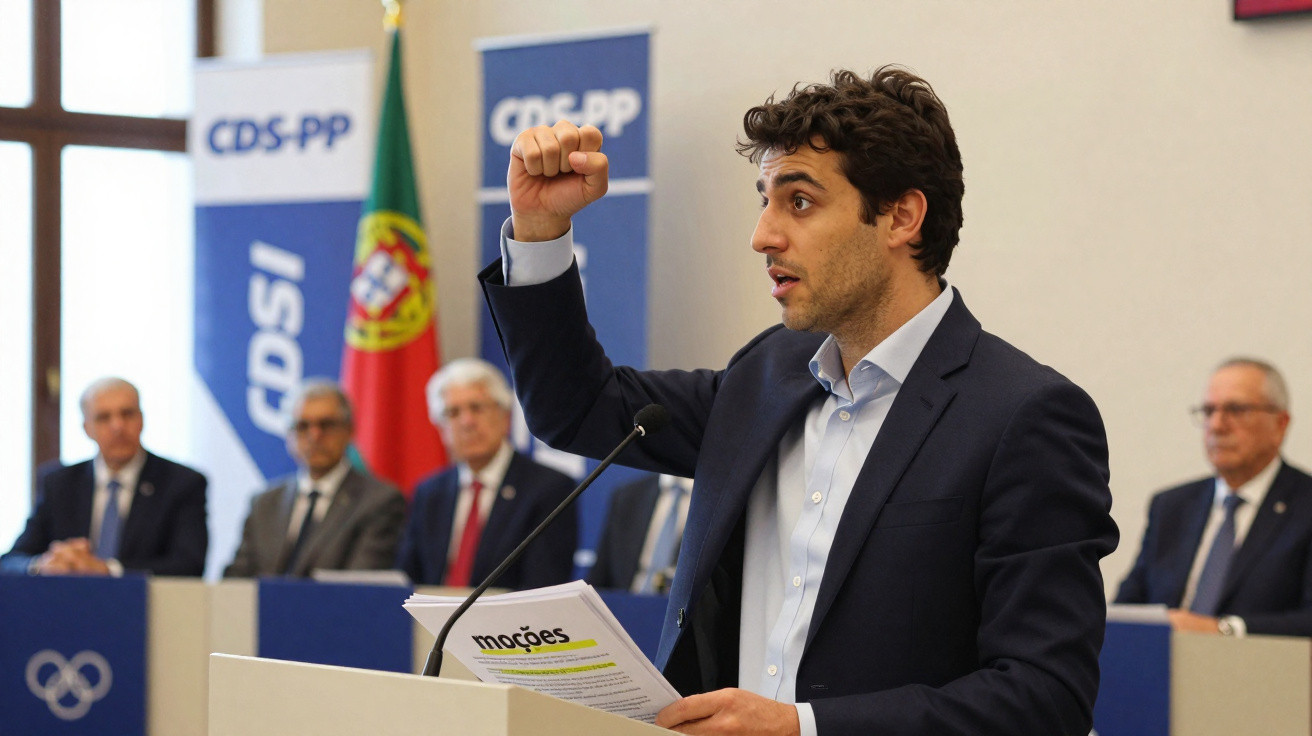 Homem de fato azul a discursar com gesto de punho erguido em evento do CDS-PP com bandeira de Portugal ao fundo.