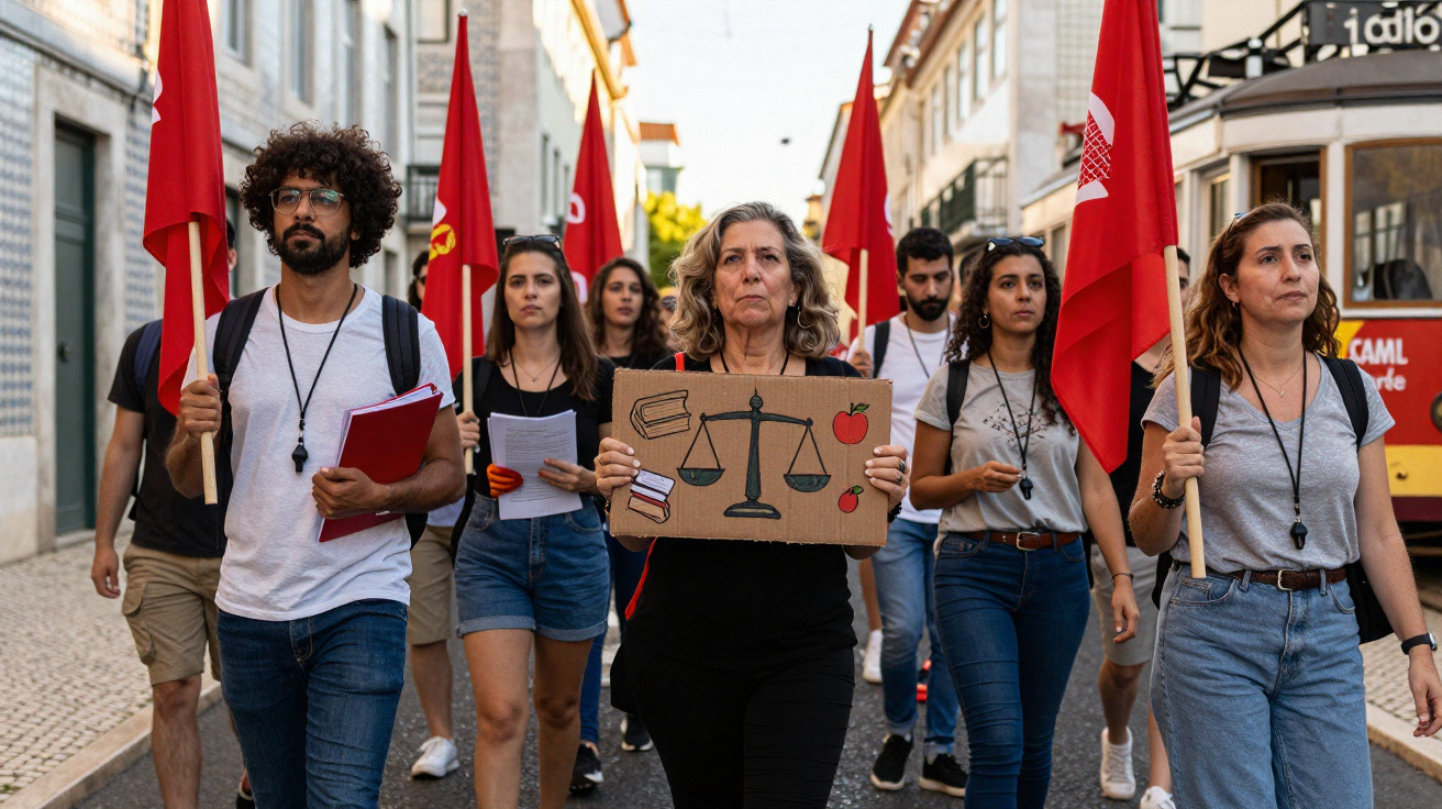 Grupo de manifestantes com bandeiras vermelhas e cartaz com balança e livros numa rua urbana.