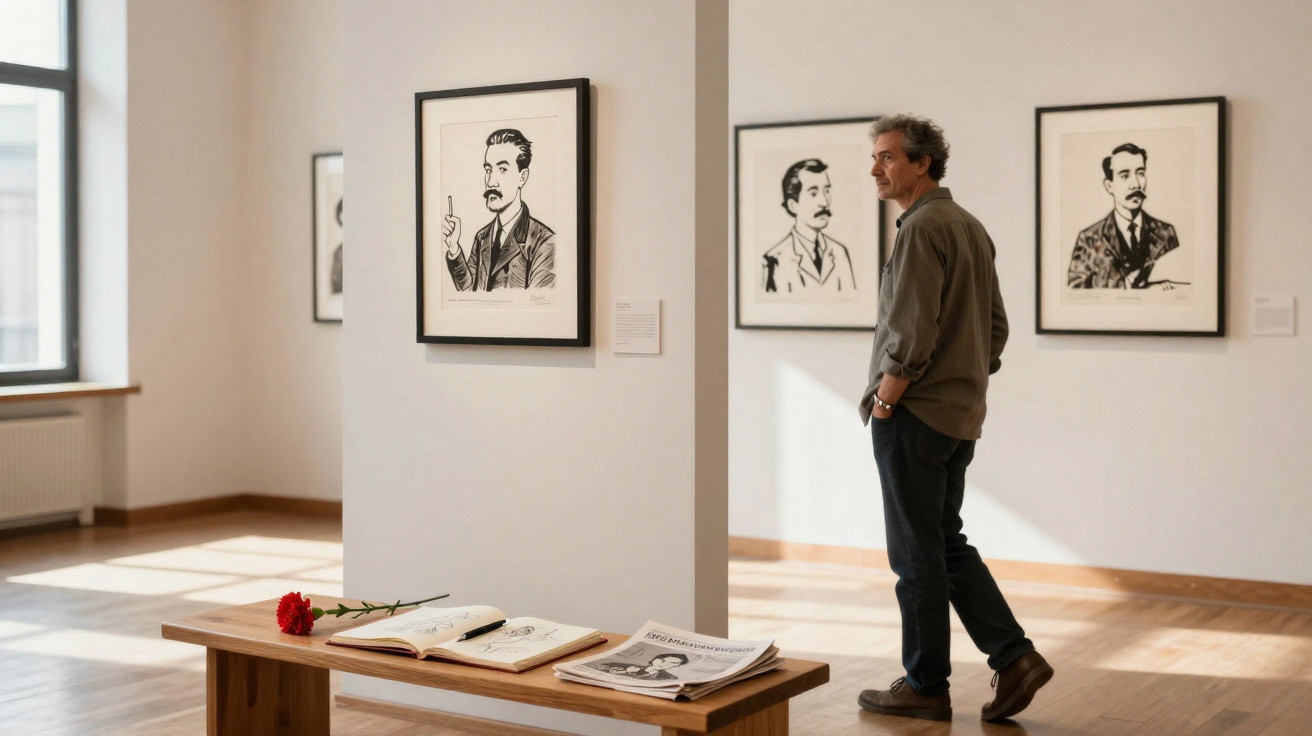Homem observa quadros a preto e branco de retratos masculinos numa galeria de arte iluminada.
