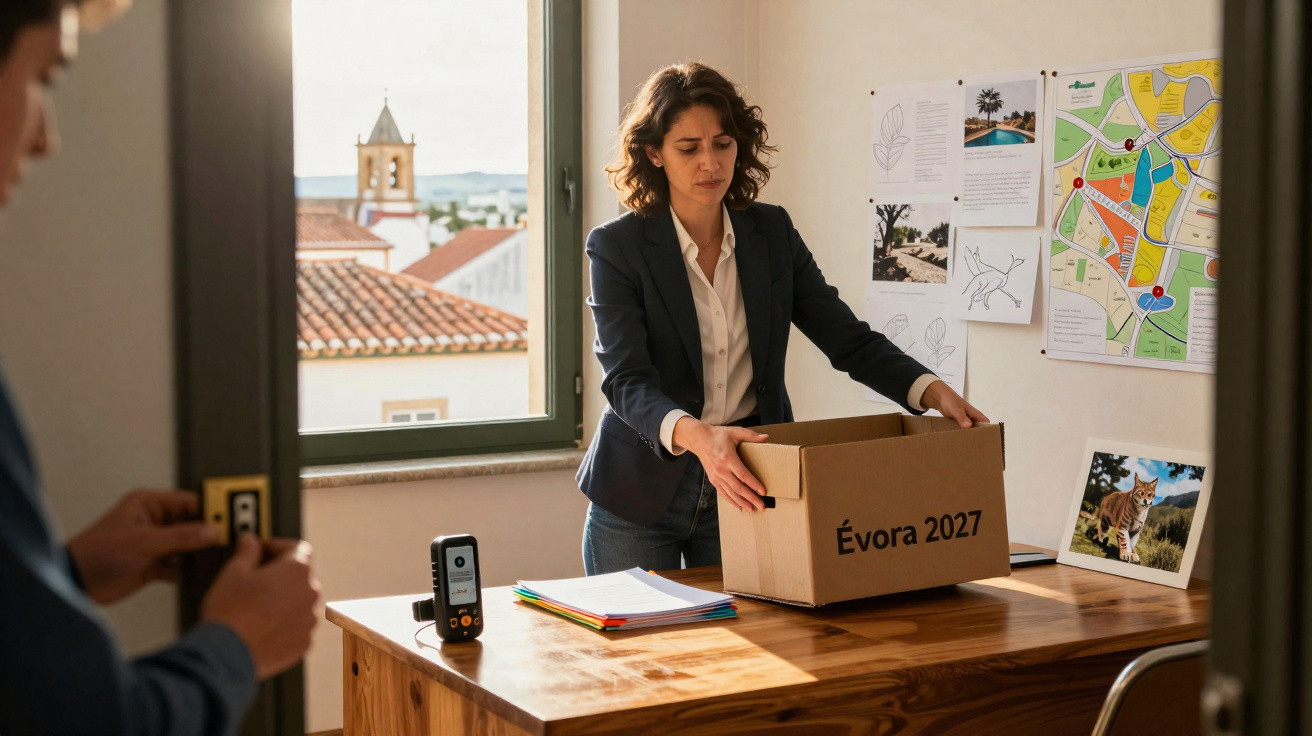 Mulher a organizar caixa com inscrição "Évora 2027" numa sala com mapa e fotografias na parede.