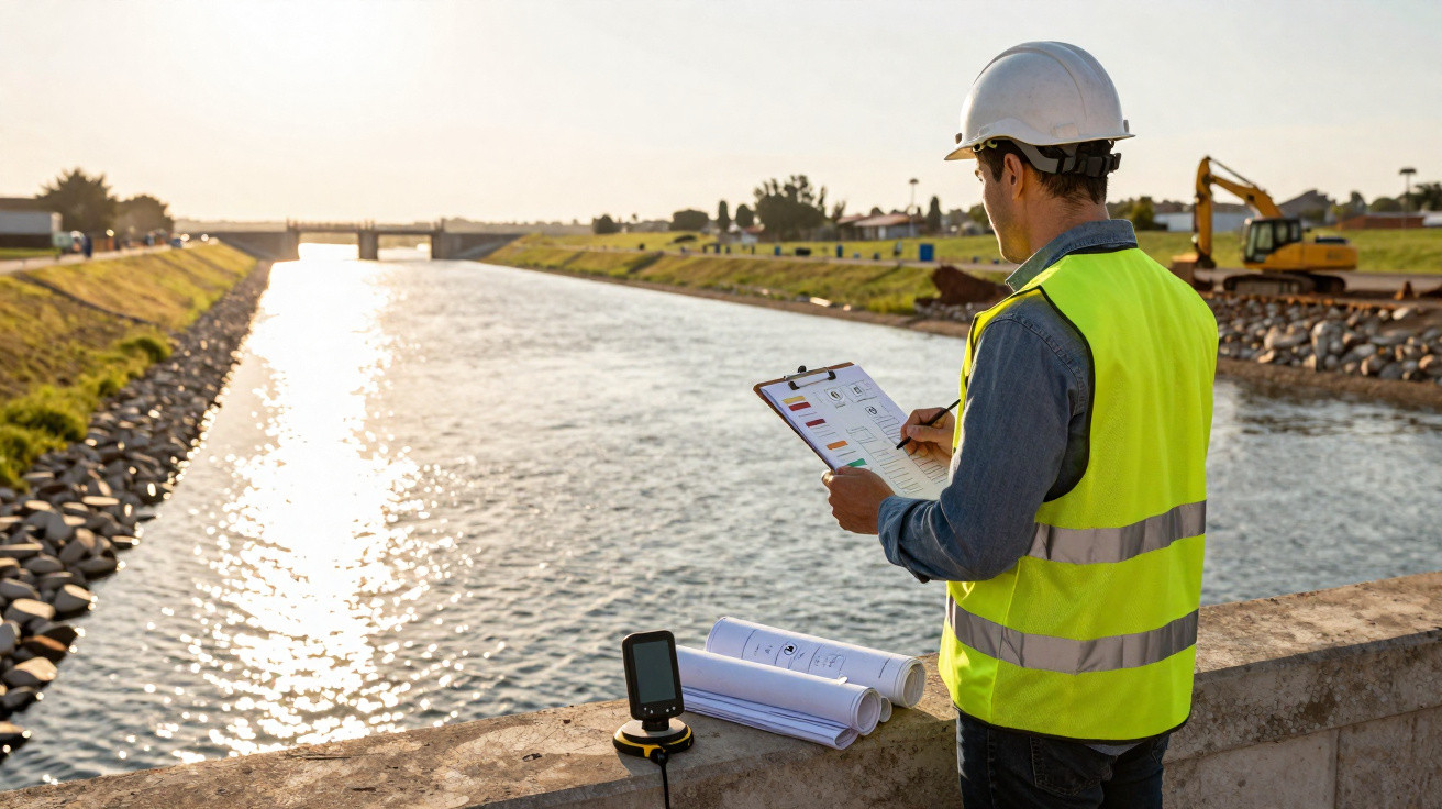 Engenheiro com colete refletor e capacete a fazer anotações junto a um canal de água em obras.