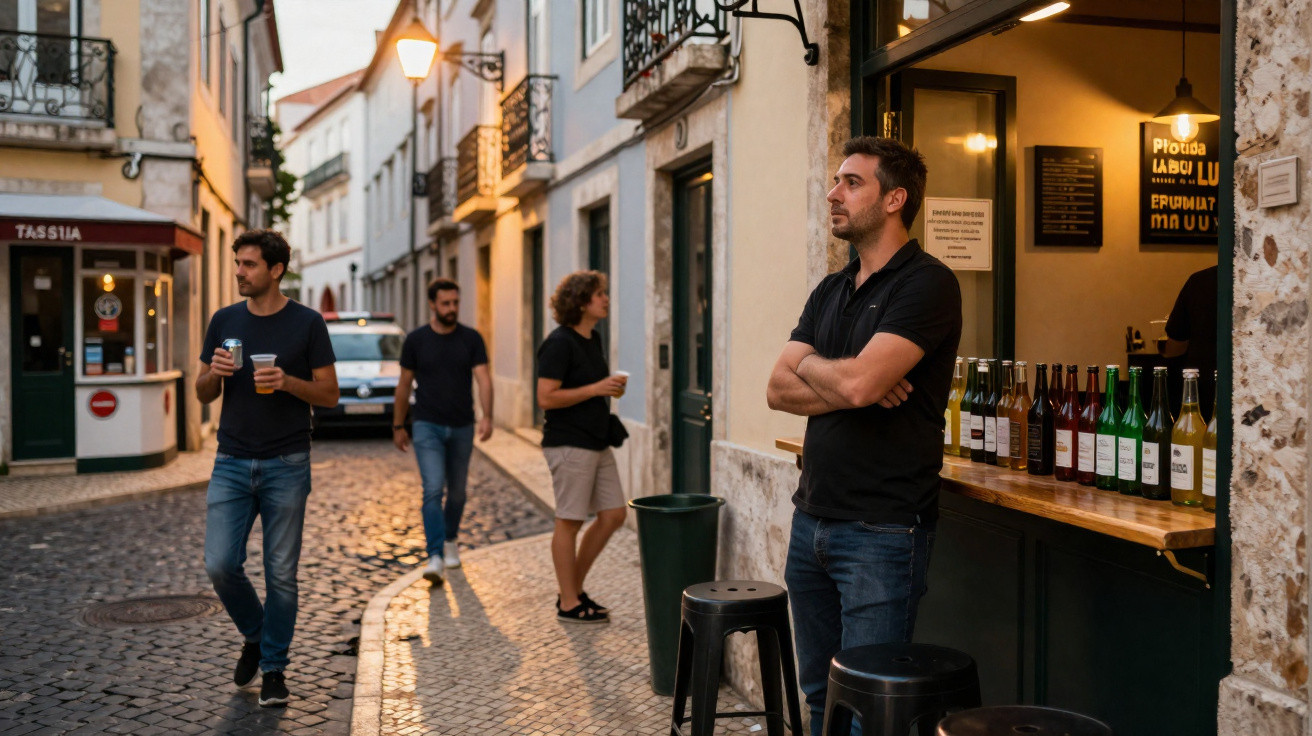 Homem de braços cruzados junto a barraca de bebidas com garrafas, enquanto outras quatro pessoas passeiam numa rua de calçada