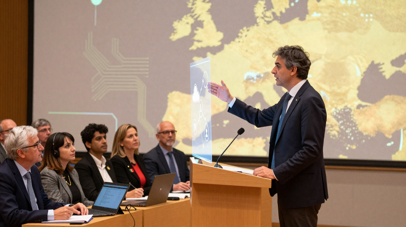 Orador apresenta dados digitais sobre tecnologia a grupo de pessoas numa conferência com mapa da Europa ao fundo.