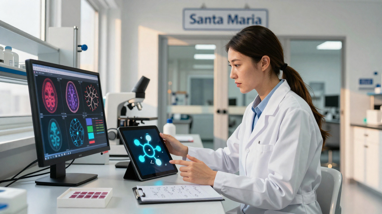 Cientista feminina analisando dados de imagens cerebrais em laboratório com computador e tablet.