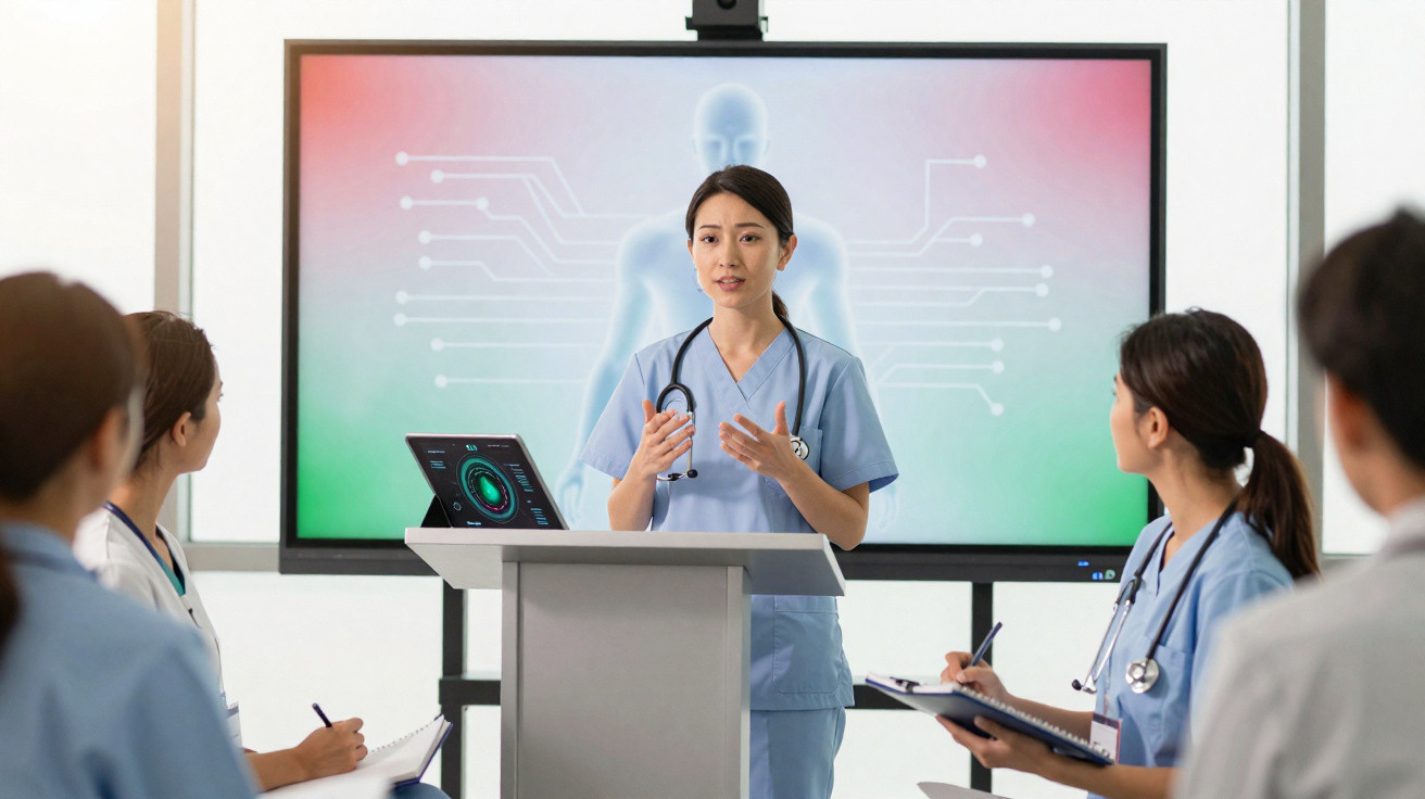 Médica em uniforme azul apresenta dados de saúde digitais para equipa médica durante reunião.