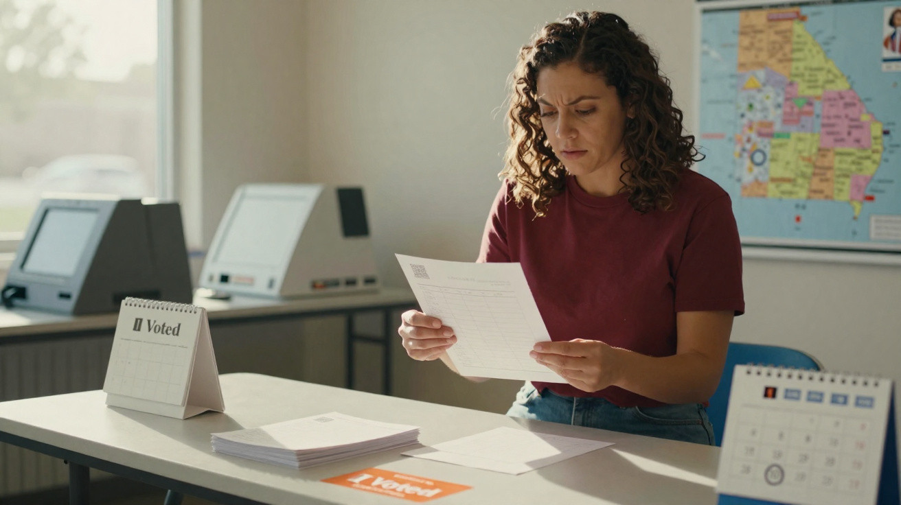 Mulher sentada numa mesa de votação a analisar um papel, com calendários e mapas no fundo.