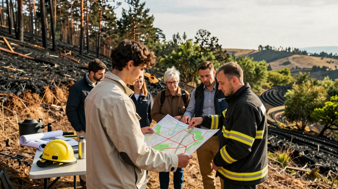 Equipa de emergência analisa mapa junto a área florestal ardida e terreno queimado em zona rural.