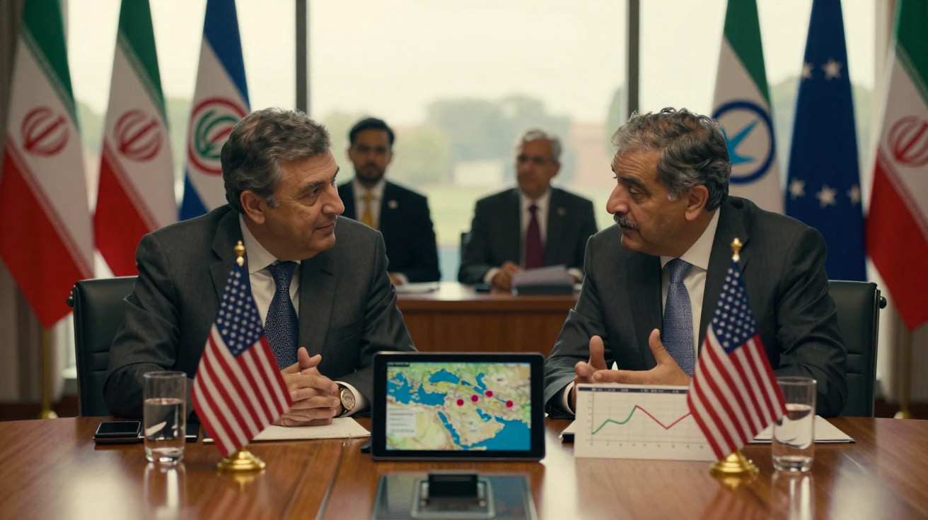 Dois homens em reunião formal com bandeiras dos EUA, Irão e Brasil, e gráficos numa mesa de madeira.