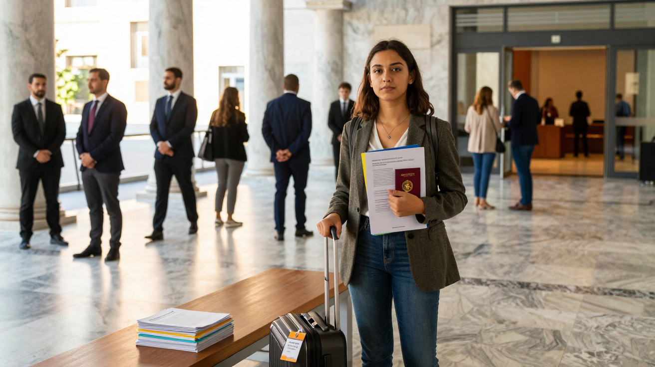 Mulher com mala e documentos numa sala pública, pessoas ao fundo em ambiente formal.