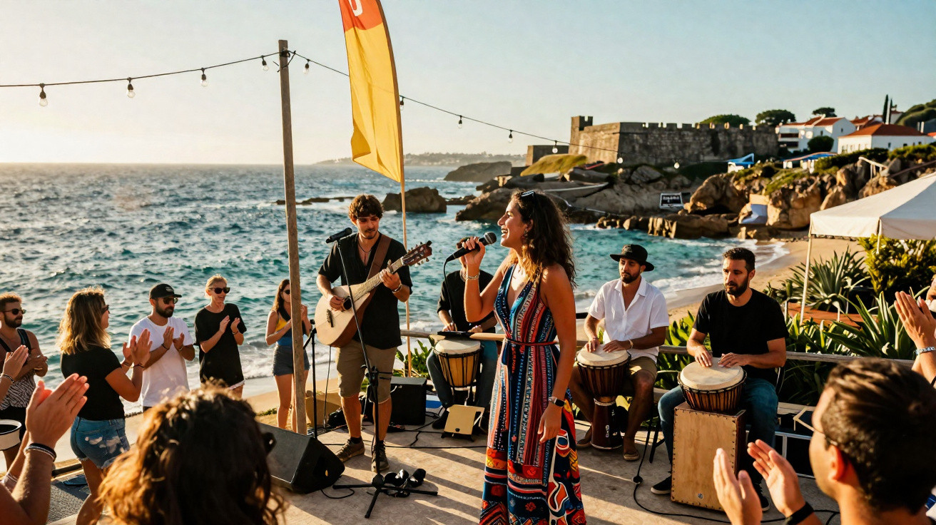Grupo de músicos a tocar e cantar numa festa ao ar livre junto ao mar ao entardecer.