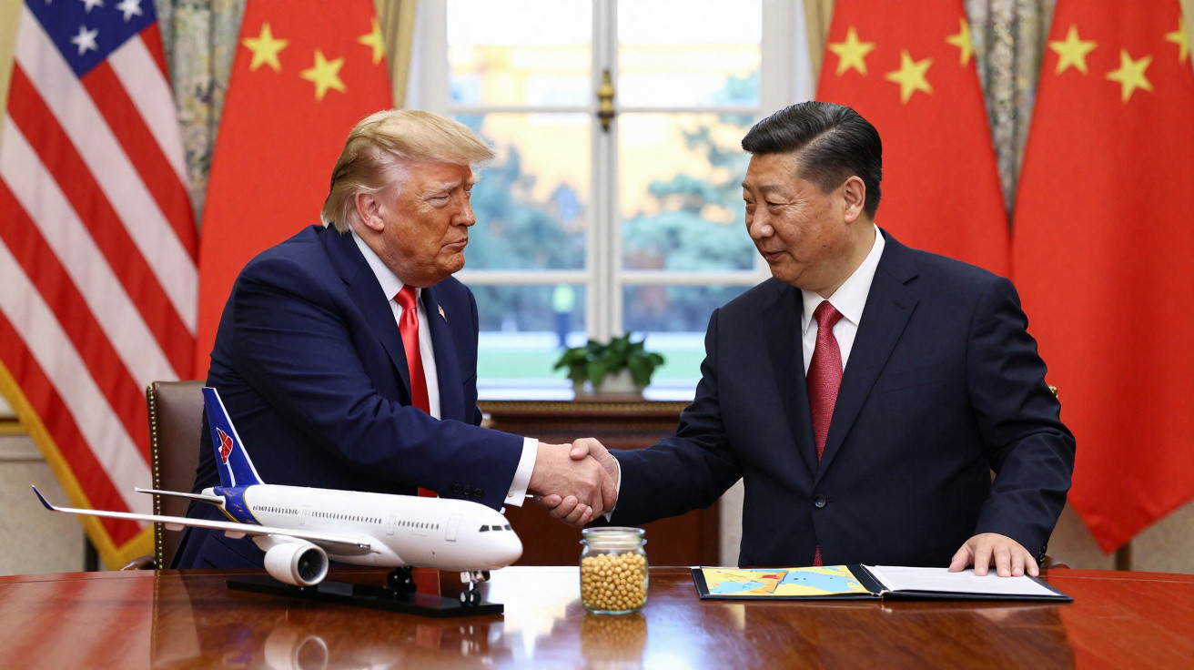 Donald Trump e Xi Jinping apertam as mãos durante encontro formal com bandeiras dos EUA e China ao fundo.
