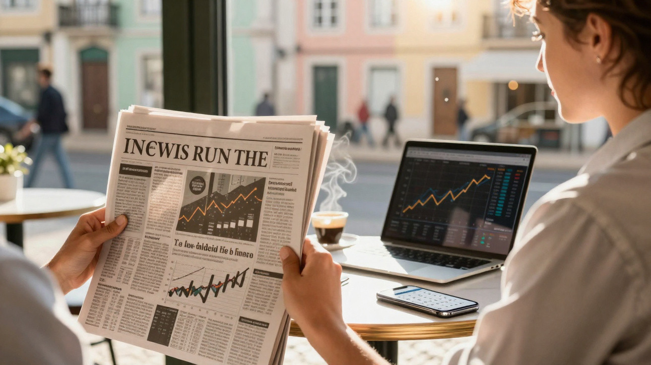 Duas pessoas com gráficos de crescimento no jornal e computador, numa mesa de café ao ar livre.