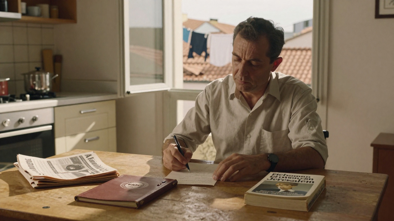 Homem sentado numa cozinha a escrever numa folha, com livros e jornais na mesa de madeira.