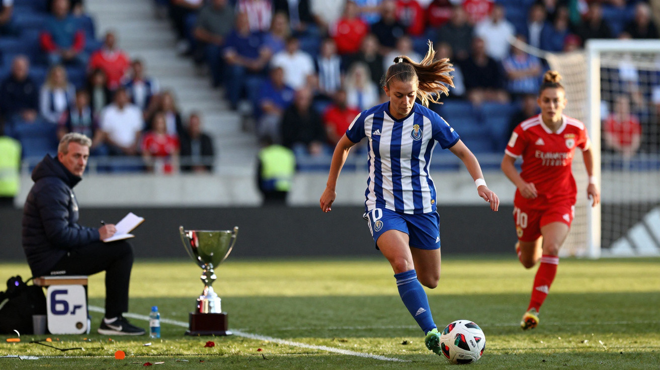 Jogadora do FC Porto a rematar a bola com adversária do Benfica atrás, em jogo de futebol feminino.