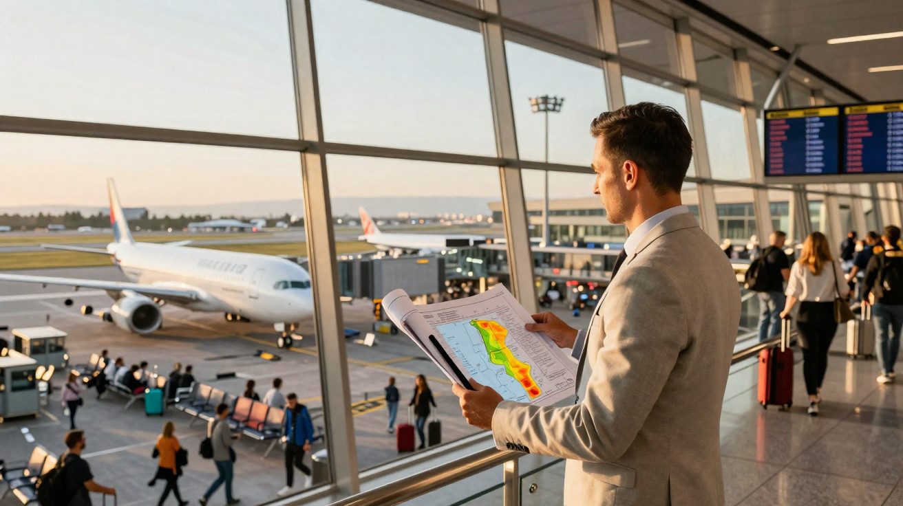 Homem de fato observa planta de projeto junto a janela com visão para avião no aeroporto movimentado.