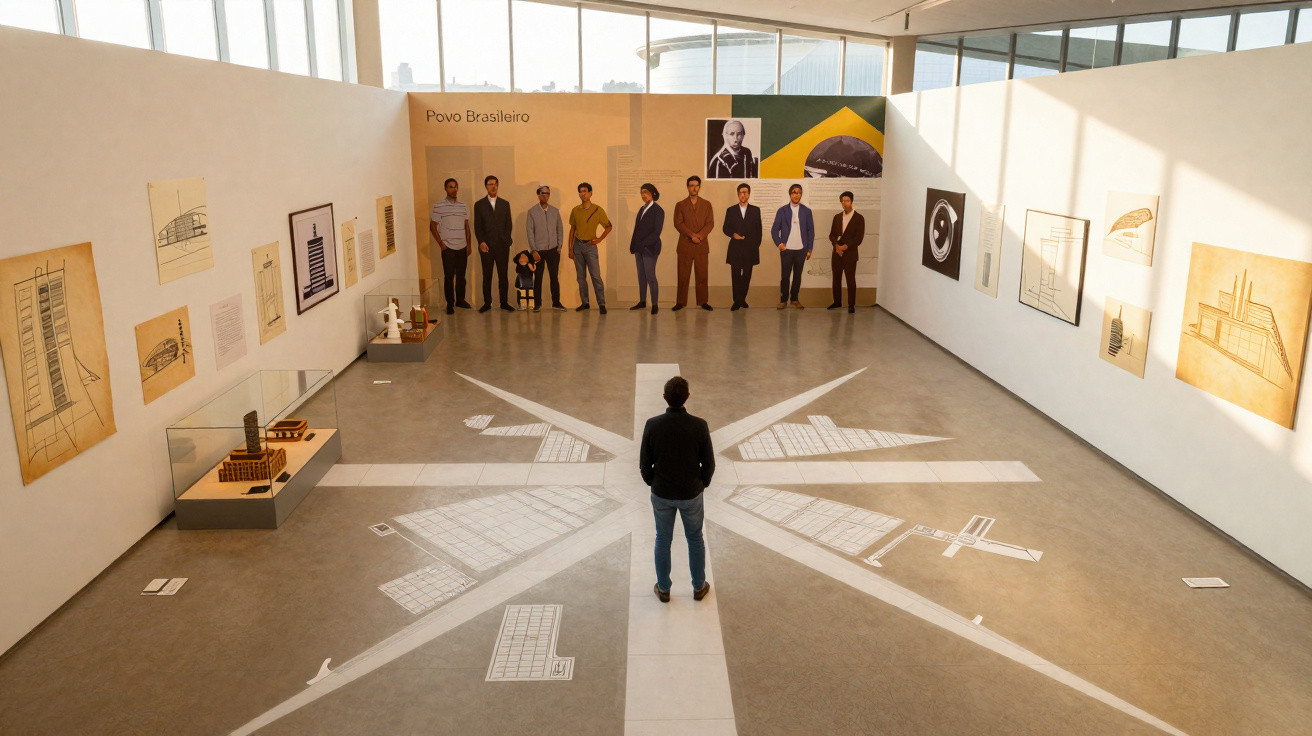 Pessoa observa exposição sobre arquitetura com desenhos, maquetes e figuras humanas recortadas em museu.
