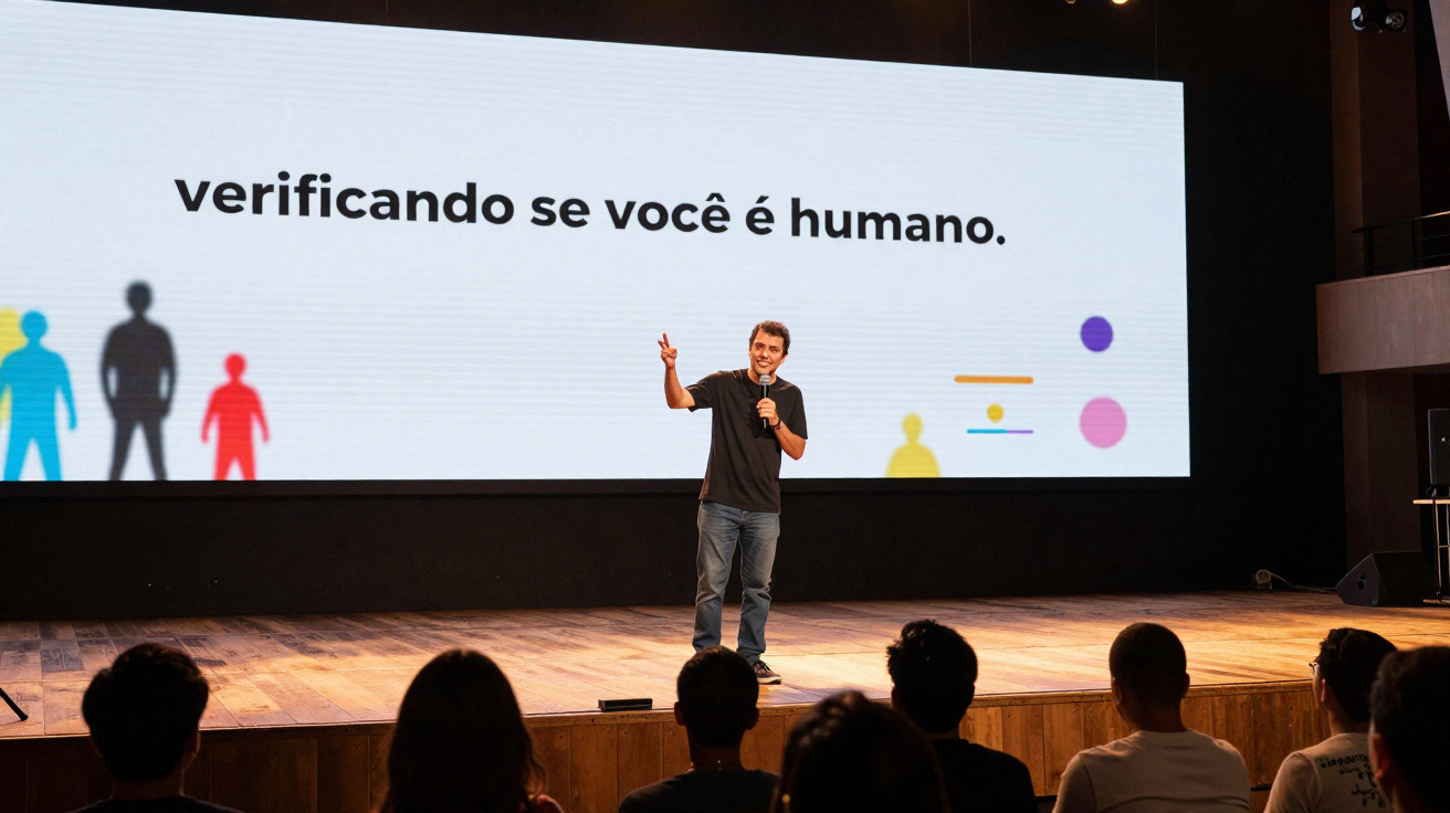 Homem fala no palco com microfone diante de ecrã que diz "verificando se você é humano" perante público sentado.