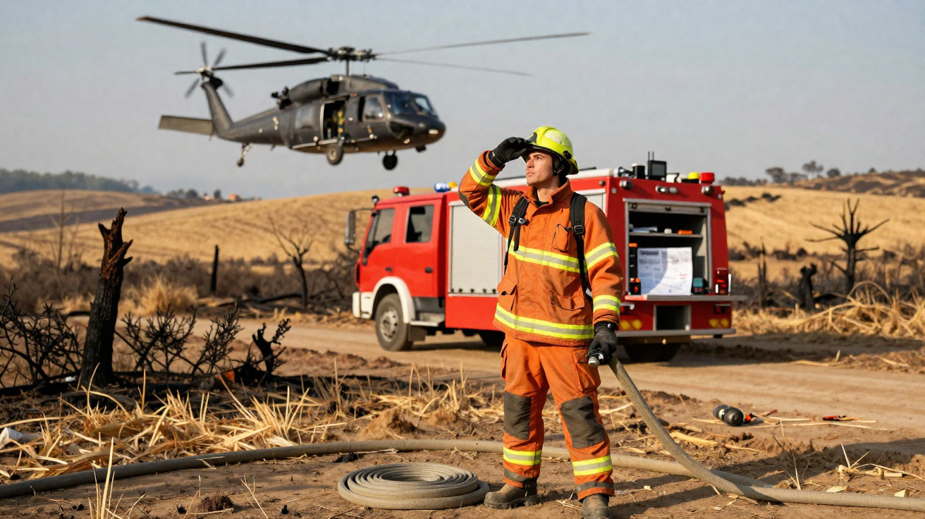 Bombeiro com equipamento a segurar mangueira observa helicóptero em zona rural queimada, com camião de bombeiros ao fundo.