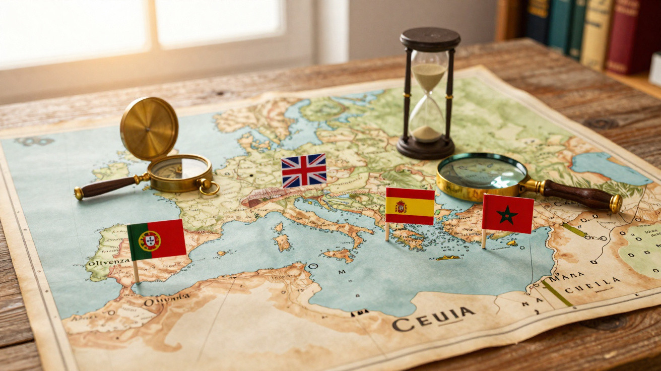 Mapa da Europa com bandeiras de Portugal, Reino Unido, Espanha e Marrocos e dois instrumentos de ampliação e uma ampulheta.