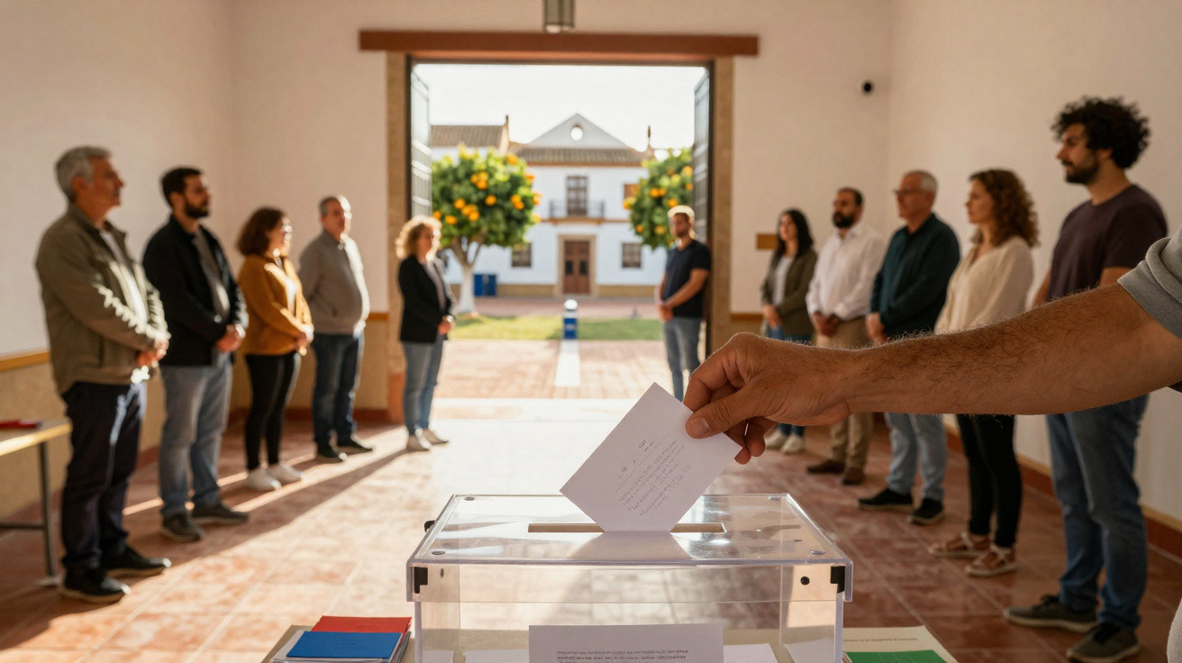 Pessoa a votar numa urna transparente com fila de eleitores em corredor aberto para pátio com laranjeiras.