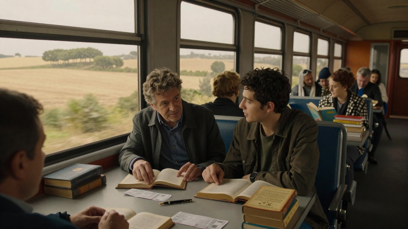 Passageiros leem livros e conversam em carruagem de comboio com paisagem rural visível pelas janelas.