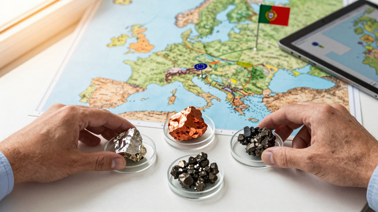 Mãos seguram amostras de minerais sobre mapa da Europa com tablet e bandeira de Portugal ao fundo.