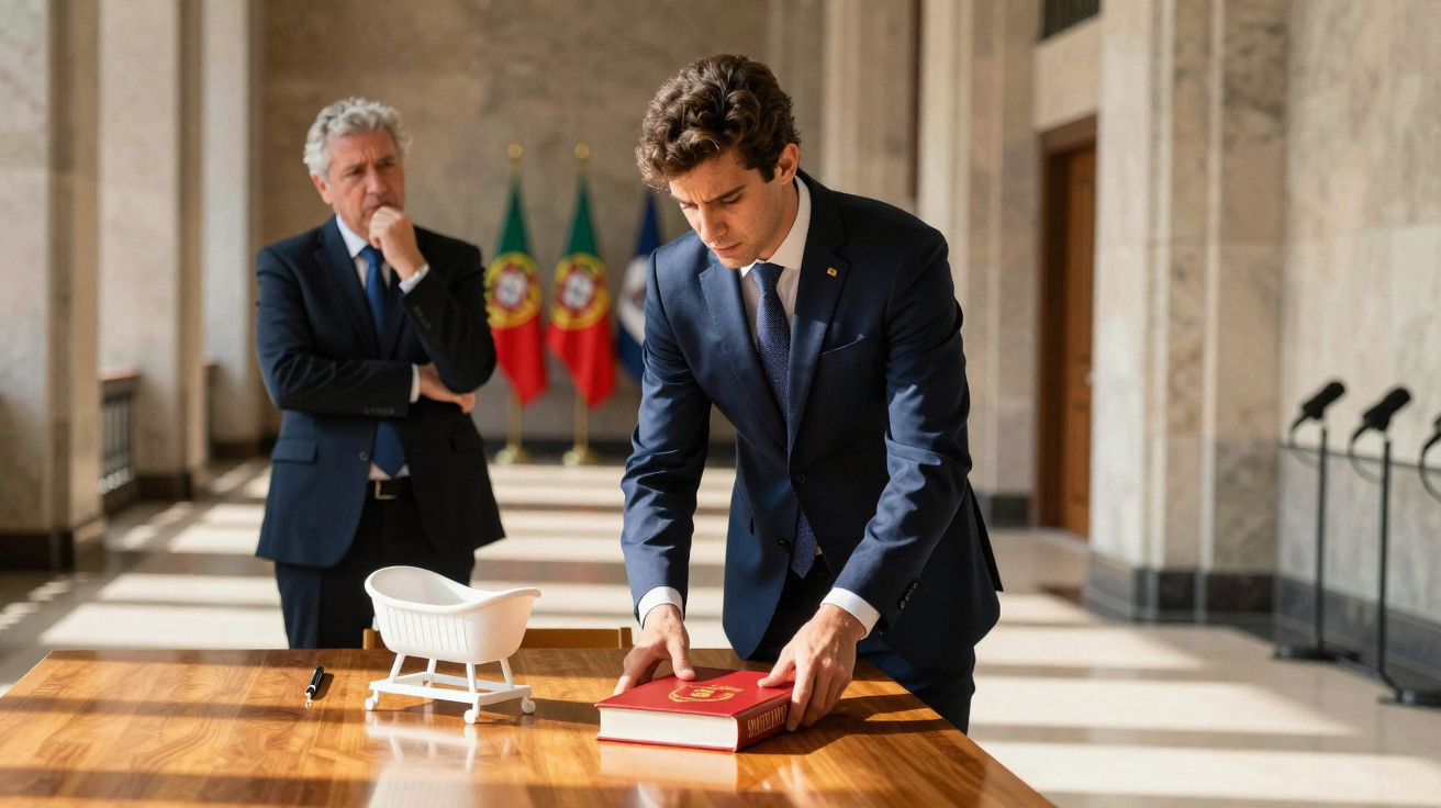 Homem em fato a colocar mão num livro num salão com bandeiras de Portugal ao fundo e outro homem a observar.