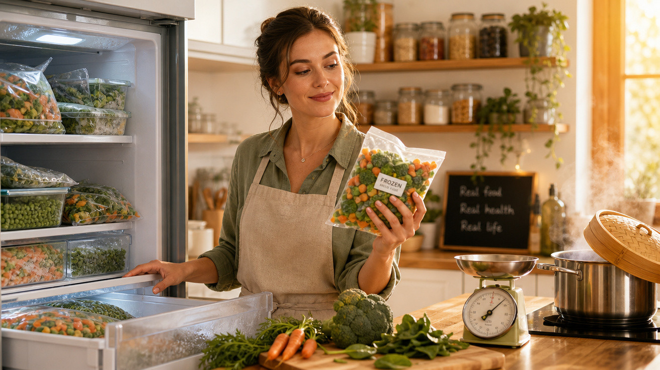 Mulher na cozinha, a segurar um saco de legumes congelados perto do frigorífico aberto com legumes frescos à sua frente.