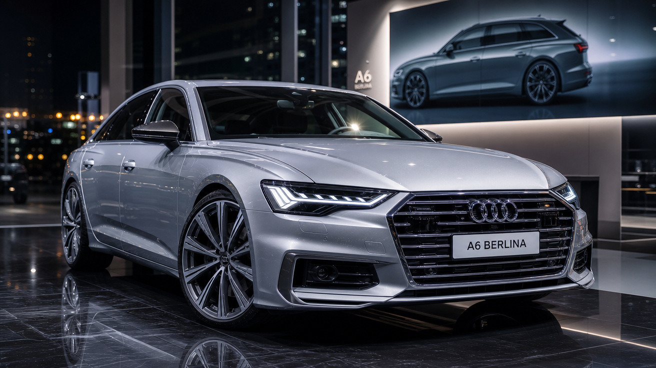 Audi A6 Berlina prateado em exposição interior com iluminação noturna e reflexos no chão.