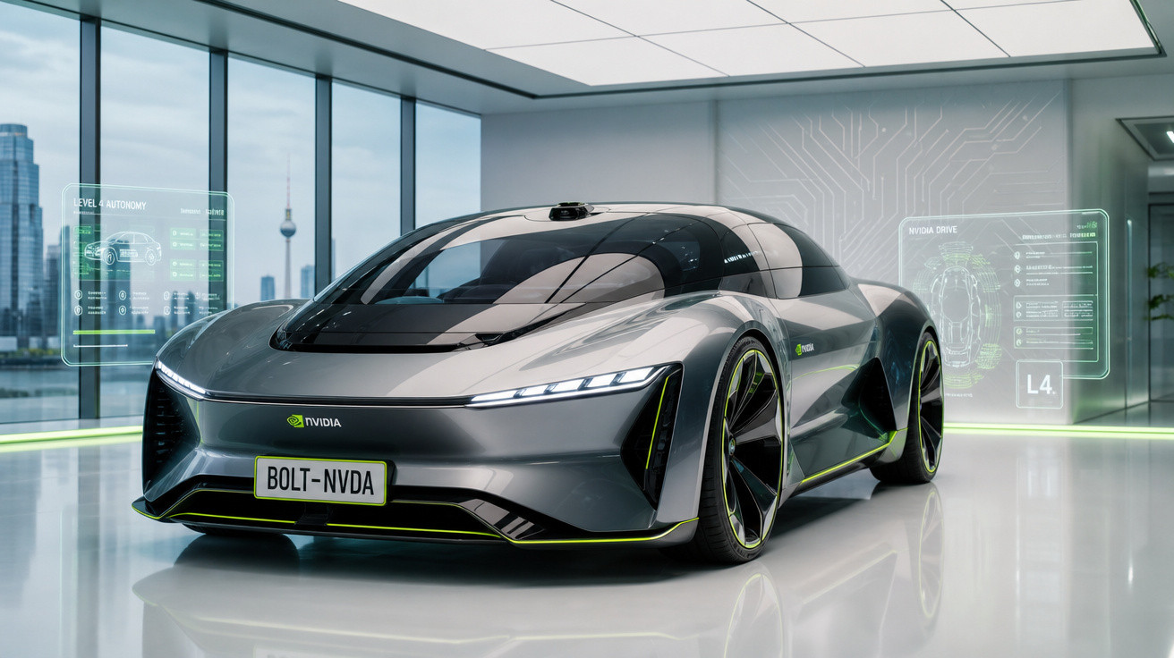 Carro elétrico futurista cinza da NVIDIA com design aerodinâmico exposto numa sala moderna e brilhante.
