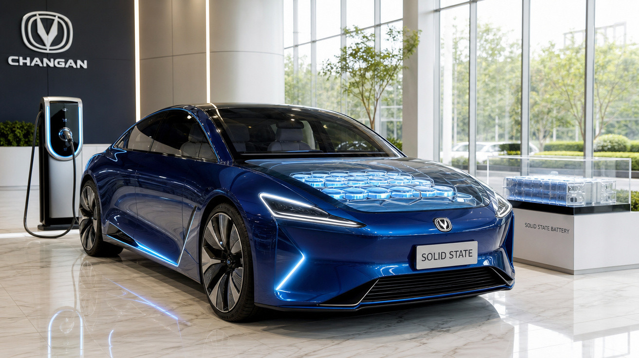 Carro elétrico azul da Changan exposto em showroom com bateria de estado sólido visível no capô.
